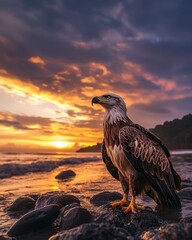 Fototapeta premium indonesia landscape, theme,sunrise, eagle, photorealism, peaceful, elegant, long-exposure clouds, visual shock, rich details, generative ai
