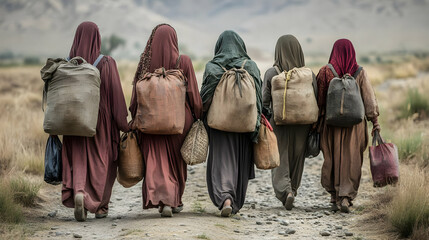 Women Walking on Dusty Road with Bags - Realistic Photo