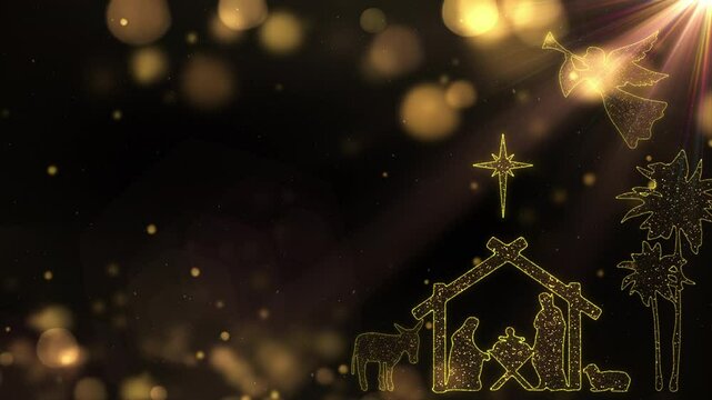 Bright Christmas scene animation with light particles and nativity characters, manger, star and trees. Seamless Loop of Nativity Christmas story with angel singing. 4k