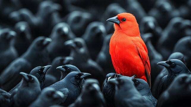 A lone red bird sitting in stark contrast among a sky full of blackbirds, symbolizing the strength of self-expression and standing out in a crowd
