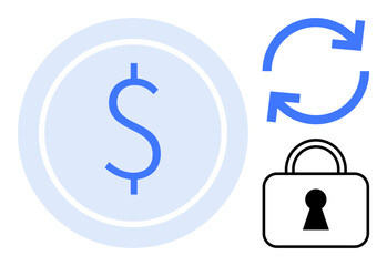 Blue dollar sign inside a light blue circle, circular arrows indicating refresh or exchange, and a padlock symbolizing security. Ideal for finance, banking, cybersecurity, online transactions