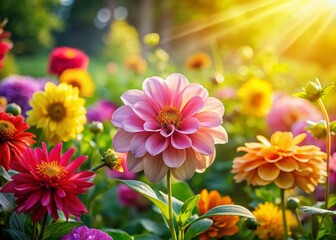 Fototapeta premium Sun-drenched blooms burst forth in a vibrant garden scene.