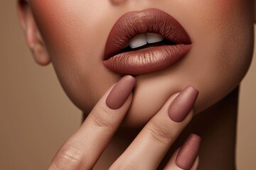 Stylish close-up of perfectly manicured hands and lips showcasing a rich brown lip color and matching nail polish against a beige background