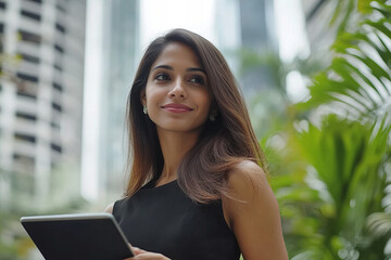 Professional Woman Using Tablet in Urban Cityscape Setting, Confident Female in Business Attire Embraces Technology for Modern Career Growth, Corporate Professionalism, and Innovation