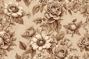Fototapeta premium Vintage seamless floral pattern with intricate roses daisies and leaves in sepia tones, Ai Generated