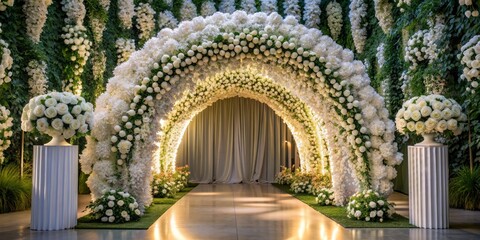 Obraz premium White Rose Floral Archway - A Romantic Wedding Ceremony Entrance with Green Foliage and a Subtle Glow
