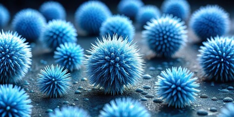 Fototapeta premium Tilt-Shift Bacteria, Blue Fuzzy Spikes, Dark Background