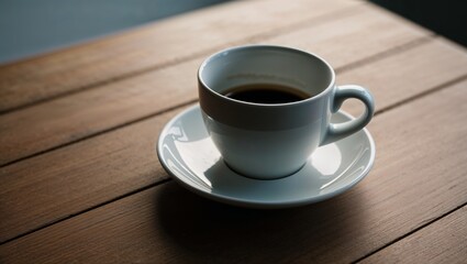 Obraz premium Empty coffee cup on a wooden table, reflecting moments of stillness and contemplation, copy space