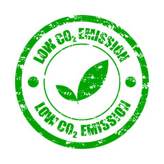 Low emission stamp rubber stamp, zero and sustainability, eco-friendly certification, ecological pollution in air, approval healthy message