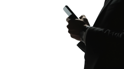 Smartphone in businessman hand on white transparent background
