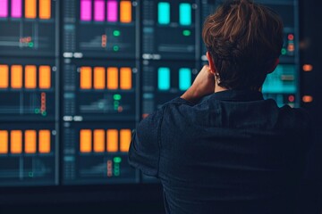 Professional analyzing financial data on multiple digital screens in a modern workspace.