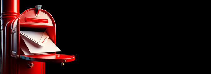 Extreme close-up of an open red letter box with white envelopes inside, isolated on a black background with copy space, blank wide banner, template. Generative Ai.