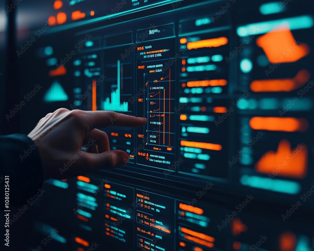 Poster a close-up of a hand interacting with a futuristic data interface, showcasing digital analytics and 