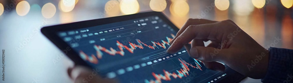 Poster a close-up of a hand using a tablet to analyze financial data with colorful graphs and charts.