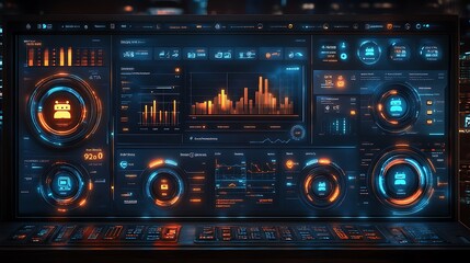 Obraz premium Futuristic digital dashboard with glowing interface displaying data graphs and charts.