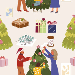 Seamless pattern winter activities inside the house, indoor, entertaining, preparing for Christmas, New Year, hand drawn, vector.