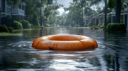 Flooded Street with Lifebuoy - 3D Illustration