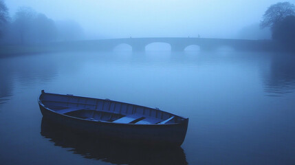 Fototapeta premium A small wooden boat floats on a misty lake, with a stone bridge in the background.