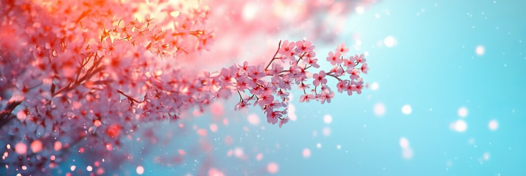 Dreamy Pastel Cherry Blossoms Detailed Branch in Soft Light, Anime Style, Pale Blue Sky background - Powered by Adobe