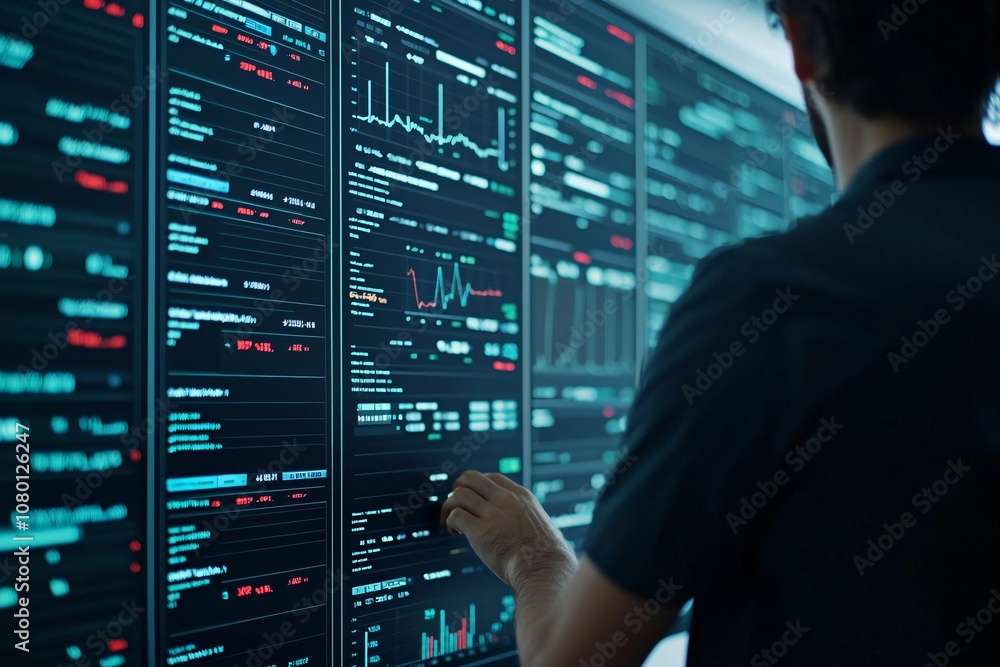 Poster a person analyzing digital data on a large screen with colorful graphs and statistics in a modern wo