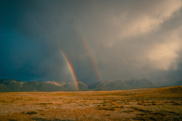 Mountain panorama of beautiful valley in Altai mountains. Altai Mountain range, North Altai, Gorny...