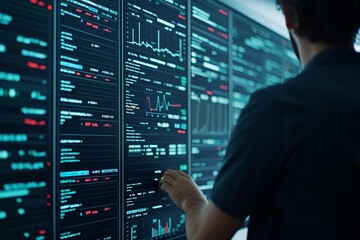 A person analyzing digital data on a large screen with colorful graphs and statistics in a modern workspace.