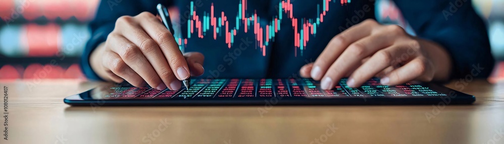 Poster a professional analyzing financial data on a tablet, showcasing graphs and charts for informed decis