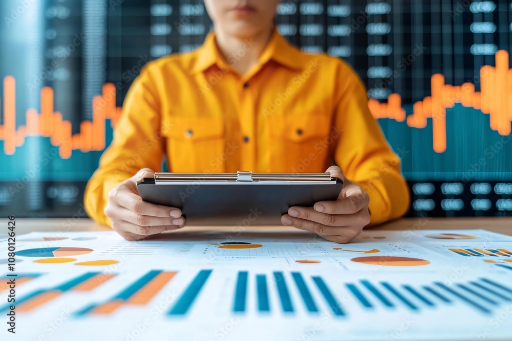 Poster a professional analyzing data on digital tablet, emphasizing modern business practices and technolog