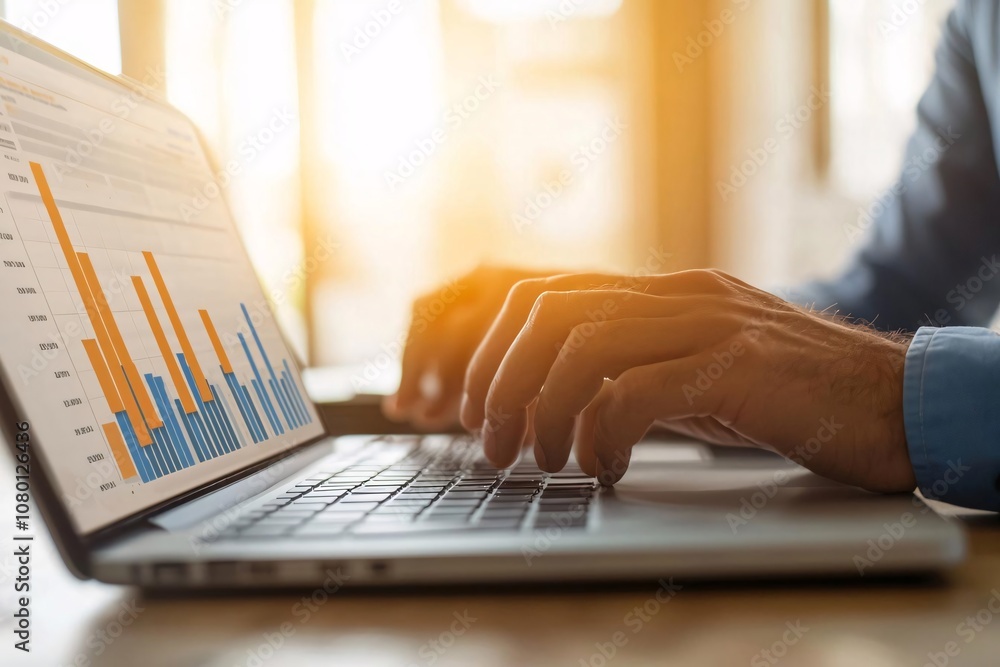 Poster a professional working on a laptop with charts and graphs, demonstrating data analysis and productiv