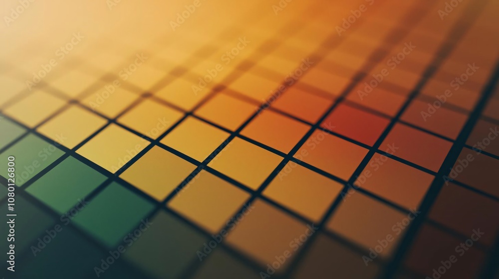 Poster a vibrant grid of color squares blending warm tones in an abstract composition, perfect for creative