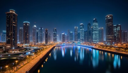Obraz premium Bright cityscape at night with illuminated skyscrapers and river