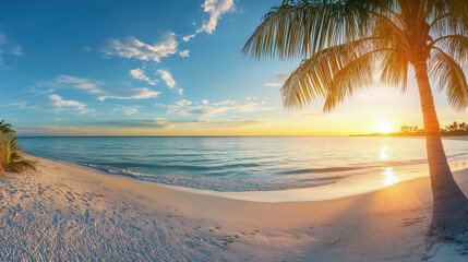 Fototapeta premium serene beach scene at sunset with gentle waves and palm trees. vibrant colors of sky reflect on water, creating peaceful atmosphere