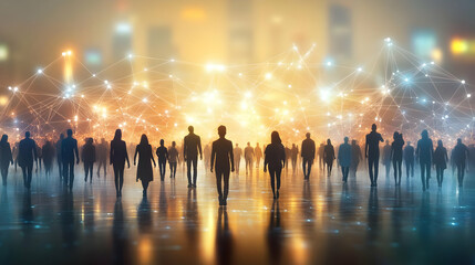 Silhouettes of People Walking Towards Glowing Network Illustration