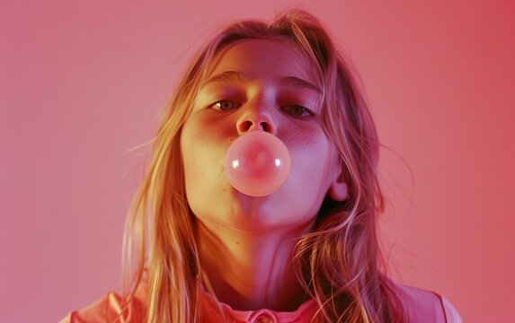 Blonde girl blowing pink bubble gum, vibrant luminescent studio background, modern fashion poster, copy space. Teenage model looking at camera, igen teenager, trendy glow Y2K 2000s nostalgia concept
