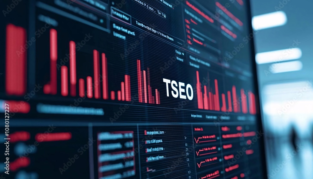 Poster close-up of a digital screen displaying complex data analytics in vibrant red and blue tones, showca