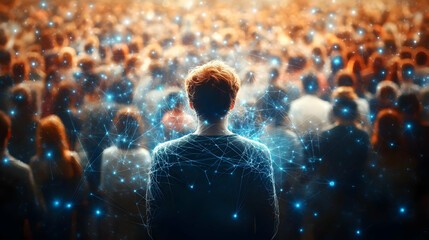 Abstract Illustration of Person in Crowd with Network Connections