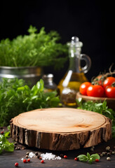 Culinary composition of a wooden stand, herbs and spices on a black background