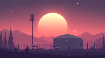 Obraz premium A solitary figure stands in front of a large industrial building at sunset, with mountains in the background.