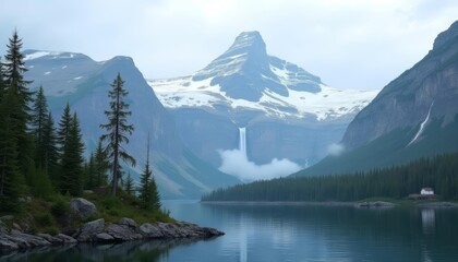 Fototapeta premium Tranquil mountain lake with waterfall and forest