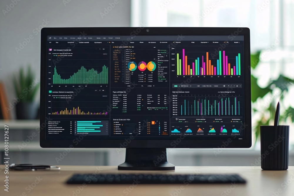 Poster detailed data analytics dashboard on a modern computer screen, showcasing vibrant graphs and charts.