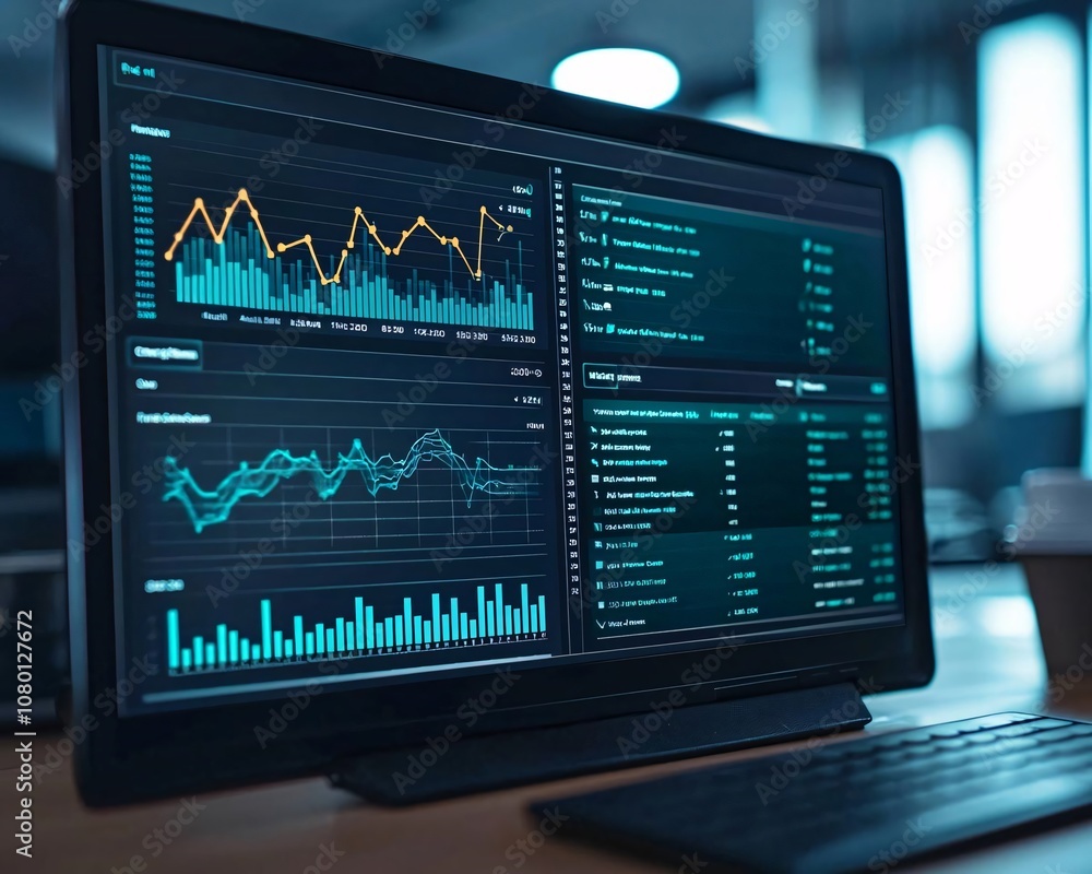 Poster detailed financial dashboard displaying data analytics and trends on a sleek desktop computer screen