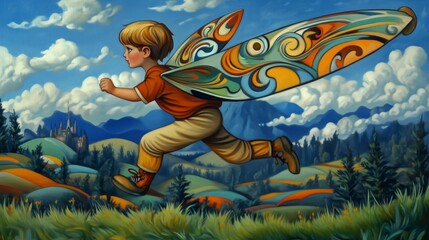 Naklejka premium Colorful boy with wings running through mystical landscape