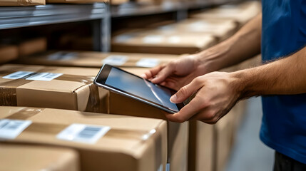Warehouse Worker Using Tablet to Scan Packages - Photo