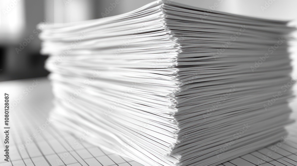 Poster a stack of neatly arranged paper documents on a surface.
