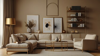 Interior design of harmonized living room with mock up poster frame, shelf, gold lamp, decoration and personal accessories. Beige wall. Stylish home decor.