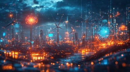 Obraz premium Futuristic city skyline with wind turbines and glowing lights.