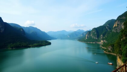 Fototapeta premium Tranquil waterscape with boats and mountains