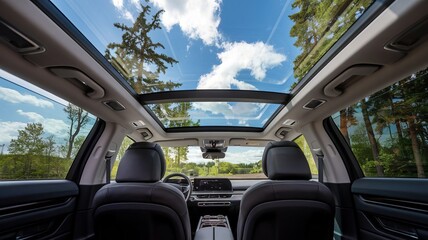 The large sunroof in the SUV offers a view of the clear sky.
