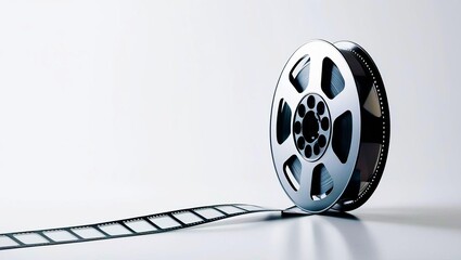 A classic film reel with a strip of film unwinding on a clean background.