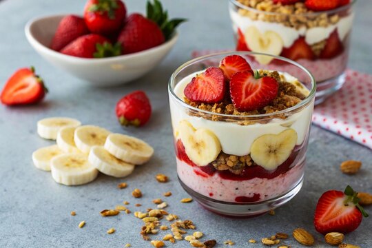 Delicious and colorful parfait with strawberries, bananas, and granola layered in a glass.